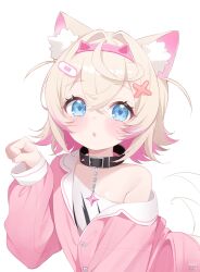 Rule 34 | 1girl, :o, adapted costume, animal ear fluff, animal ears, bandaid, bandaid hair ornament, black collar, blonde hair, blue eyes, chain, chain leash, clenched hand, collar, colored inner animal ears, colored inner hair, commentary, deyui, dog ears, dog girl, dog tail, fingernails, hair intakes, hair ornament, hairband, hand up, highres, hololive, hololive english, horn hairband, leash, looking at viewer, mococo abyssgard, mococo abyssgard (1st costume), multicolored hair, nail polish, open mouth, pajamas, paw pose, pink hair, pink hairband, pink nails, pink pajamas, shirt, short hair, simple background, single bare shoulder, single off shoulder, solo, streaked hair, symbol-only commentary, tail, two side up, virtual youtuber, white background, white shirt, x hair ornament