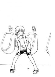 Rule 34 | bike shorts, greyscale, lowres, monochrome, pee, peeing, sandals, solo, toilet, urinal, urinal use