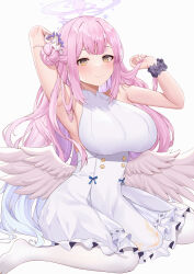 Rule 34 | 1girl, absurdres, angel wings, arm behind head, armpits, black scrunchie, blue archive, blue bow, blue flower, blush, bow, breasts, closed mouth, deogho (liujinzy9854), dress, feathered wings, fingernails, flower, frilled ribbon, frills, gradient hair, hair bun, hair flower, hair ornament, hair ribbon, halo, highres, holding, holding hair, korean commentary, large breasts, long hair, looking at viewer, low wings, mika (blue archive), multicolored hair, pantyhose, pink hair, pink nails, ribbon, scrunchie, simple background, single side bun, sitting, sleeveless, sleeveless dress, smile, solo, underbust, very long hair, wariza, white background, white dress, white pantyhose, white ribbon, white wings, wings, wrist scrunchie, yellow eyes