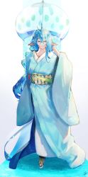 Rule 34 | 1girl, absurdres, arknights, blue eyes, blue hair, blue kimono, cnnonnbiri96 (tori), commentary, flower, hair between eyes, hair flower, hair ornament, hairclip, hand up, highres, horns, japanese clothes, kimono, long hair, obi, pointy ears, princess fumizuki (arknights), sash, simple background, single horn, smile, solo, standing, symbol-only commentary, very long hair, white background, wide sleeves, wind chime