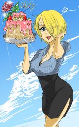 Rule 34 | 1girl, bad id, bad pixiv id, black dress, blonde hair, blue background, blue eyes, breasts, cake, cleavage, day, dress, flower, food, genderswap, genderswap (mtf), hair over one eye, high-waist skirt, large breasts, lipstick, makeup, one piece, open mouth, pastry, sanji (one piece), shirt, short hair, skirt, sky, smile, tray, yuhu