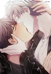 Rule 34 | 2boys, absurdres, black jacket, black shirt, blush, brown hair, closed eyes, french kiss, hands on another&#039;s face, highres, ilay riegrow, jacket, jeong taeui, kiss, male focus, multiple boys, o ssion, open clothes, passion (manhwa), shirt, simple background, white background, white hair, white shirt, yaoi