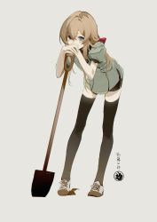Rule 34 | 1girl, blue eyes, bow, brown hair, cross-laced footwear, facing viewer, grey background, hair between eyes, hair bow, highres, juliet sleeves, leaning on object, long hair, long sleeves, original, own hands together, puffy sleeves, red bow, shoelaces, shoes, short sleeves, shorts, shovel, simple background, sneakers, solo, standing, thighhighs, zettai ryouiki, zhibuji loom