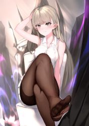Rule 34 | 1girl, absurdres, alternate costume, aowltus209, blonde hair, blush, breasts, brown pantyhose, crossed legs, dungeon and fighter, elf, embarrassed, feet, fine fabric emphasis, fire, fire, foreshortening, grey eyes, hand in own hair, highres, legs, long hair, mage (dungeon and fighter), magic, mole, mole under mouth, no shoes, pantyhose, pointy ears, shirt, sitting, skirt, sleeveless, sleeveless shirt, solo, throne, toes, very long hair