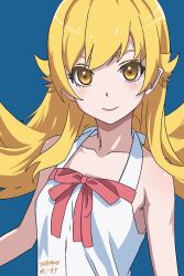 Rule 34 | 1girl, backless dress, backless outfit, bakemonogatari, bare arms, bare shoulders, blonde hair, blue background, commentary request, dress, flat chest, highres, long hair, looking at viewer, monogatari (series), oshino shinobu, pink ribbon, ribbon, solo, szieziw, upper body, white dress, yellow eyes