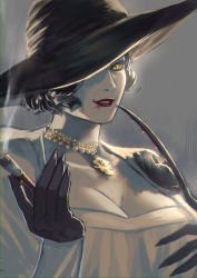Rule 34 | 1girl, @acchom zatta, alcina dimitrescu, black gloves, black hair, black hat, blood, blood on face, boutonniere, breasts, cigarette, cigarette holder, cleavage, commentary request, curly hair, dress, fingernails, gloves, hat, highres, holding, holding cigarette, huge breasts, jewelry, lips, long fingernails, mature female, necklace, one eye covered, parted lips, red lips, resident evil, resident evil village, short hair, solo, sun hat, teeth, upper body, white dress, yellow eyes