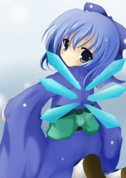 Rule 34 | 1girl, blue eyes, blue hair, cirno, from behind, ice, ice wings, japanese clothes, kimono, looking back, matching hair/eyes, solo, t (dyuhuhudyukusi), touhou, wings