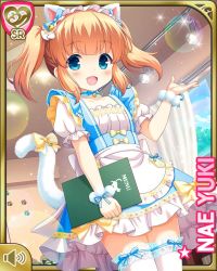 Rule 34 | 1girl, animal ears, blue bow, blue dress, blue eyes, blue neckwear, bow, brown hair, cafe, cat ears, cat tail, character name, collar, dress, fake animal ears, fake tail, girlfriend (kari), headband, holding, holding menu, long hair, menu, official art, open mouth, qp:flapper, ribbon, solo, standing, tail, thighhighs, two side up, waitress, white footwear, white headband, white thighhighs, yellow bow, yuuki nae