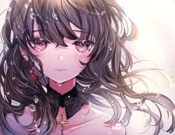 Rule 34 | 1girl, bad id, bad pixiv id, brown hair, chigiri kurenai, closed mouth, collarbone, cross, cross necklace, detached collar, earrings, floating hair, hair between eyes, highres, jewelry, long hair, looking at viewer, necklace, original, portrait, red eyes, simple background, solo, sparkle, tears, wet hat, white background