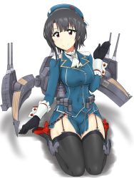 Rule 34 | 1girl, beret, black gloves, black hair, black thighhighs, blue hat, breasts, cannon, garter straps, gloves, hat, high heels, highres, kantai collection, long sleeves, looking at viewer, medium breasts, military, military uniform, miniskirt, red eyes, red footwear, rigging, seiza, short hair, sitting, skirt, smile, solo, takao (kancolle), thighhighs, turret, uniform, yashio (0321)