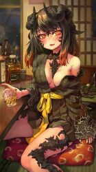 Rule 34 | 1girl, absurdres, alcohol, au ra, black hair, black kimono, black nails, blush, bottle, breasts, commentary, commission, cup, cushion, dragon girl, drinking glass, final fantasy, final fantasy xiv, glint, gradient hair, highres, holo (dragonholo), horns, indoors, japanese clothes, kimono, long hair, long sleeves, medium breasts, melaton, multicolored hair, multiple horns, nail polish, night, no bra, off shoulder, open mouth, orange eyes, red hair, right-over-left kimono, sash, scales, shouji, single bare shoulder, sitting, skeb commission, sliding doors, slit pupils, smile, solo, tail, tatami, warrior of light (ff14), whiskey, wide sleeves, zabuton