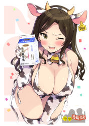 Rule 34 | 1girl, 2021, animal ears, animal print, bell, bent over, bikini, blush, bow, bowtie, breasts, brown hair, carton, chinese zodiac, cleavage, collar, commentary request, covered erect nipples, cow ears, cow horns, cow print, cow print bikini, cow tail, cowbell, elbow gloves, fake animal ears, fake horns, fake tail, forced smile, gloves, green eyes, hairband, hanging breasts, holding, horns, idolmaster, idolmaster cinderella girls, large breasts, leaning forward, long hair, looking at viewer, milk carton, mukai takumi, neck bell, odawara hakone, one eye closed, parted bangs, print bikini, side-tie bikini bottom, smile, solo focus, strap gap, swimsuit, tail, thigh gap, thighhighs, tsurime, year of the ox