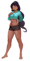 Rule 34 | 1girl, abs, absurdres, aladdin (disney), arm behind back, bare legs, barefoot, bike shorts, black hair, breasts, brown eyes, cheshirrr, circlet, commentary, commission, dark-skinned female, dark skin, earrings, english commentary, full body, hand on own chest, highres, jasmine (disney), jewelry, long hair, looking at viewer, medium breasts, midriff, navel, parted lips, ponytail, simple background, smile, solo, standing, very long hair, white background