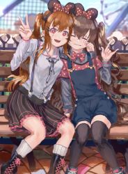 Rule 34 | 2girls, absurdres, artist request, bench, boots, bow, bowtie, brown hair, disneyland, closed eyes, girls&#039; frontline, highres, mickey mouse ears, multiple girls, red hair, scar, scar across eye, scar on face, shoes, siblings, side ponytail, sisters, skirt, sneakers, socks, suspenders, thighhighs, twins, twintails, ump45 (girls&#039; frontline), ump9 (girls&#039; frontline), v