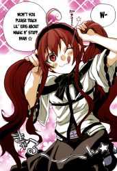 Rule 34 | 1girl, alternate hairstyle, blush, bow, bunching hair, dress, english text, eris greyrat, hair bow, long hair, looking at viewer, mushoku tensei, official art, one eye closed, red eyes, red hair, skirt, smile, solo, tongue, tongue out, twintails, wink