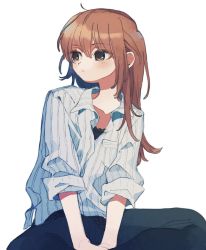 Rule 34 | 1girl, between legs, brown eyes, brown hair, closed mouth, collared shirt, grey shirt, hand between legs, highres, indian style, ka (marukogedago), long hair, original, pants, shirt, simple background, sitting, solo, striped clothes, striped shirt, vertical-striped clothes, vertical-striped shirt, white background, wing collar