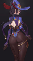 Rule 34 | 1girl, ass, ass focus, black gloves, black hair, black pantyhose, blue capelet, blue leotard, bodystocking, capelet, detached sleeves, earrings, elbow gloves, genshin impact, gloves, gold trim, green eyes, hair ornament, hat, highleg, highleg leotard, highres, huge ass, jewelry, kou (kokounene), leotard, long hair, looking at viewer, mona (genshin impact), pantyhose, solo, star (symbol), strapless, strapless leotard, thighlet, thighs, twintails, witch hat