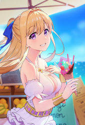Rule 34 | 1girl, absurdres, backless dress, backless outfit, banana, bare shoulders, belt, blonde hair, blue bow, blurry, blurry background, bow, bracer, breasts, center opening, cleavage, day, dress, food, fruit, fukuro daizi, grin, hair between eyes, hair bow, hair intakes, halter dress, halterneck, hand on own chest, highres, ice cream, kono yuusha ga ore tueee kuse ni shinchou sugiru, large breasts, long hair, looking at viewer, ocean, one side up, orange (fruit), outdoors, purple eyes, ristarte (kono yuusha ga ore tueee kuse ni shinchou sugiru), sky, smile, solo, sparkle, strawberry, sweat, umbrella, white dress, wind