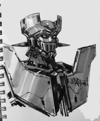 Rule 34 | absurdres, captoon, commentary, concept art, english commentary, highres, machinery, marker (medium), mazinger (series), mazinger z, mazinger z (mecha), mecha, monochrome, no humans, original, photo (medium), pilder, portrait, redesign, robot, science fiction, signature, sketch, super robot, traditional media, upper body
