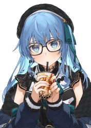 Rule 34 | 1girl, absurdres, alternate costume, beret, bespectacled, black hat, blue eyes, blue hair, blush, bubble tea, commentary request, drinking, glasses, hair ornament, hat, highres, hololive, hoshimachi suisei, hoshimachi suisei (streetwear), jacket, long hair, looking at viewer, one side up, simple background, solo, tsukino (nakajimaseiki), virtual youtuber, white background