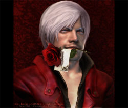 Rule 34 | 1boy, blue eyes, capcom, dante (devil may cry), devil may cry (series), devil may cry 4, ebonykkk, facial hair, flower, jacket, male focus, mouth hold, portrait, realistic, red jacket, rose, short hair, solo, stubble, unzipped, watermark, web address, white hair