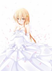 Rule 34 | 1girl, bare shoulders, blush, borrowed character, breasts, crescent, crescent hair ornament, crescent moon, dress, elbow gloves, gloves, hair ornament, highres, long hair, looking at viewer, moon, original, petals, simple background, smile, solo, strelka belca, tears, tokiniwa yuuki, wedding dress, white background