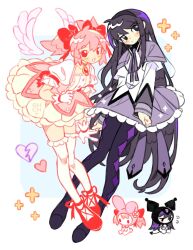Rule 34 | 2girls, ahoge, akemi homura, akemi homura (cosplay), angel wings, animal ears, argyle, black collar, black eyes, black footwear, black hair, black hairband, black hood, blush stickers, boots, bow, broken heart, bubble skirt, buttons, capelet, center frills, chest jewel, choker, circle skirt, clenched hands, closed mouth, clothes lift, collar, collarbone, collared capelet, commentary, cosplay, cross-laced footwear, demon tail, detached wings, dress, eyelashes, floppy ears, flower, flying sweatdrops, footwear ribbon, frilled dress, frilled skirt, frilled sleeves, frilled thighhighs, frills, frown, full body, gloves, hair bow, hairband, hat, hat flower, heart, high collar, highres, juliet sleeves, kaname madoka, kaname madoka (cosplay), kuromi, leaning forward, long hair, long sleeves, looking at viewer, looking to the side, magical girl, mahou shoujo madoka magica, mahou shoujo madoka magica (anime), miniskirt, multiple girls, my melody, open mouth, petticoat, pink choker, pink dress, pink hair, pink hood, puffy short sleeves, puffy sleeves, purple capelet, purple skirt, purple sleeves, rabbit ears, rabbit tail, red bow, red eyes, red footwear, red ribbon, ribbon, sanrio, sharpycharot, shoes, short hair, short sleeves, short twintails, simple background, skirt, skirt lift, skull print, sleeve bow, smile, soul gem, sparkle, square neckline, symbol-only commentary, tail, thigh boots, thighhighs, twintails, two-tone sleeves, very long hair, white background, white dress, white flower, white gloves, white skirt, white sleeves, white thighhighs, white wings, wings