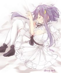 Rule 34 | 10s, 1girl, character name, crescent, crescent hair ornament, dress, closed eyes, fetal position, frilled dress, frills, hair ornament, kantai collection, komachi narota, light smile, lolita fashion, lying, on side, purple hair, shoes, short hair with long locks, sleeping, sweet lolita, thighhighs, twitter username, yayoi (kancolle)