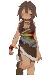 Rule 34 | 1girl, absurdres, blood, brown hair, dark skin, dark-skinned female, closed eyes, female focus, highres, injury, jewelry, low twintails, necklace, ootorii bisetsu, pointy ears, scar, shoes, solo, transparent background, twintails