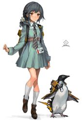 Rule 34 | 1girl, animal, anklet, backpack, bag, bird, black hair, brown eyes, collared shirt, dress, full body, id card, jewelry, lm7 (op-center), name tag, necktie, original, penguin, ponytail, power suit, shirt, shoelaces, simple background, smile, socks, solo, walking, white background, white socks