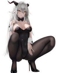 Rule 34 | 1girl, absurdres, aegir (azur lane), alternate costume, azur lane, black bow, black bowtie, black leotard, bow, bowtie, breasts, brown eyes, cleavage, detached collar, full body, grey hair, high heels, highres, horns, kaminoringo, large breasts, leotard, long hair, looking at viewer, medium breasts, pantyhose, playboy bunny, simple background, solo, squatting, stiletto heels, strapless, strapless leotard, white background, wrist cuffs