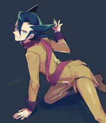 Rule 34 | 1boy, black hair, coin, commentary request, creatures (company), game freak, grimsley (pokemon), hair between eyes, hand up, holding, holding coin, jacket, long sleeves, looking to the side, male focus, momoji (lobolobo2010), nintendo, pants, parted lips, pokemon, pokemon masters ex, scarf, sketch, smile, solo, spiked hair, twitter username, yellow jacket, yellow pants