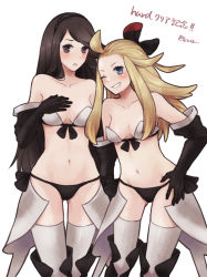 Rule 34 | 2girls, agnes oblige, ahoge, blonde hair, blue eyes, blush, bow, bravely default: flying fairy, bravely default (series), breasts, chizu (fiute), commentary request, edea lee, elbow gloves, gloves, hair bow, long hair, looking at viewer, multiple girls, simple background, smile, thighhighs, underwear, underwear only, white background