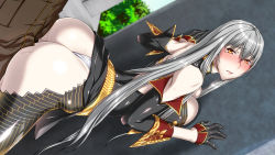 Rule 34 | 00s, 1girl, against wall, ass, bare shoulders, black gloves, blush, breast press, breasts, clothed sex, clothing aside, ebido, embarrassed, eyebrows, gloves, grey hair, highres, huge breasts, legs, long hair, looking back, military, military uniform, orange eyes, outdoors, pale skin, panties, panties aside, raised eyebrows, selvaria bles, senjou no valkyria (series), sex, shiny skin, solo focus, tears, thighs, underwear, uniform, vaginal