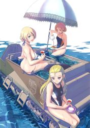 Rule 34 | 10s, 3girls, ass, assam (girls und panzer), bikini, blonde hair, blue eyes, blue one-piece swimsuit, braid, breasts, butt crack, collarbone, competition swimsuit, criss-cross halter, cup, darjeeling (girls und panzer), emblem, english text, girls und panzer, hair ribbon, hair slicked back, halterneck, highres, holding, holding cup, large breasts, light smile, long hair, looking at viewer, looking back, motor vehicle, multiple girls, nenchi, one-piece swimsuit, open mouth, orange hair, orange pekoe (girls und panzer), pouring, ribbon, saucer, short hair, side-tie bikini bottom, sideboob, sitting, small breasts, smile, st. gloriana&#039;s (emblem), swimsuit, tea, teacup, teapot, thighs, twin braids, universal carrier, wading, water, wet, white bikini