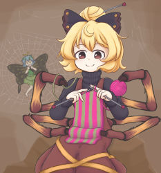 Rule 34 | 2girls, antennae, arthropod girl, arthropod limbs, black bow, black sweater, blonde hair, blue hair, bow, brown dress, brown eyes, butterfly wings, closed mouth, commentary, dress, english commentary, eternity larva, green dress, hair bow, hair bun, highres, insect wings, keb00b, kurodani yamame, leaf, leaf on head, long sleeves, multiple girls, sewing, short hair, silk, smile, spider web, sweater, touhou, turtleneck, turtleneck sweater, wings, yarn, yarn ball