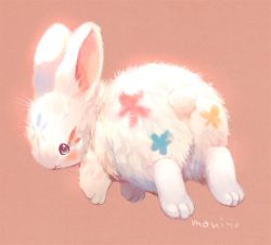 Rule 34 | animal, animal focus, blue eyes, rabbit, colorful, commentary request, full body, looking at viewer, looking back, manino (mofuritaionaka), no humans, original, pink background, signature