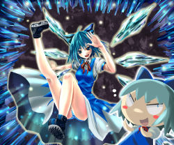 Rule 34 | 1girl, blue hair, blush, boots, breasts, cirno, dress, embodiment of scarlet devil, female focus, hand up, kabutoyama, kneepits, looking at viewer, open mouth, panties, ribbon, shirt, short hair, short sleeves, smile, solo, striped clothes, striped panties, touhou, underwear, wings