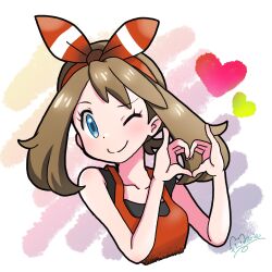 Rule 34 | 1girl, ;), blue eyes, bow, brown hair, creatures (company), eyelashes, game freak, hair bow, heart, heart hands, highres, looking at viewer, marie (marie cookie222), may (pokemon), nintendo, one eye closed, pokemon, pokemon oras, red bow, red shirt, shirt, signature, single bare shoulder, sleeveless, sleeveless shirt, smile, solo, upper body