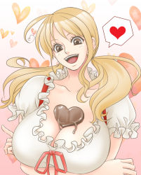 Rule 34 | 1girl, :d, blonde hair, blouse, breasts, brown eyes, candy, chikaburo, chocolate, chocolate heart, chocolate on body, chocolate on breasts, cleavage, collar, collarbone, crossed arms, food, food on body, frilled collar, frilled shirt, frilled sleeves, frills, heart, huge breasts, long hair, looking down, nami (one piece), nami (one piece) (whole cake island), one piece, open mouth, shirt, short sleeves, smile, solo, spoken heart, twintails, upper body, valentine, white shirt