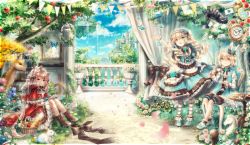 Rule 34 | 3girls, :d, :q, absurdres, alice in wonderland, animal ears, apple, apple tree, arm up, autumn leaves, bad id, bad pixiv id, baguette, basket, bellflower, birdcage, black bow, blue dress, blue eyes, blue footwear, blue ribbon, book, bookshelf, boots, bottle, bow, bread, brown footwear, bug, butterfly, cage, cake, cake slice, capelet, card, castle, cat, cat ears, chair, checkerboard cookie, cheese, cheshire cat (alice in wonderland), chess piece, clock, closed mouth, cloud, cookie, cross-laced clothes, cross-laced footwear, cup, curtains, dahlia (flower), day, deer, dress, drill hair, eat me, fantasy, floating castle, floating city, floating island, flower, fly agaric, food, frilled dress, frilled hat, frills, fruit, grass, grin, hair ornament, hairband, happy, hat, hat with ears, head tilt, heart, heterochromia, highres, holding, holding book, holding cup, insect, ivy, knees up, knight (chess), layered clothes, layered dress, legs together, licking lips, lolita fashion, lolita hairband, long hair, long sleeves, looking at viewer, looking up, low twintails, macaron, mini hat, mob cap, multiple girls, mushroom, neck ribbon, on ground, open book, open mouth, original, outdoors, outstretched arm, painting (object), pansy, pantyhose, pennant, petals, petticoat, picnic basket, picture frame, pink flower, pink hair, pink rose, plant, planter, playing card, pocket watch, potted plant, puffy shorts, rabbit, rabbit ears, railing, rain, reading, red dress, red eyes, ribbon, ringlets, roman numeral, rose, saucer, shoes, short hair, short sleeves, shorts, sitting, sky, smile, sparkle, standing, strawberry, strawberry blossoms, streamers, string of flags, striped clothes, striped legwear, striped pantyhose, swept bangs, table, teacup, tiered tray, tongue, tongue out, tree, twintails, two side up, very long hair, waistcoat, watch, water, waterfall, wine bottle, wrist cuffs, x hair ornament, yellow eyes, yellow flower, yellow rose, yumeichigo alice