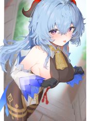 Rule 34 | 1girl, :p, absurdres, ahoge, bare shoulders, bell, blue hair, blush, breasts, clothes pull, cowboy shot, detached sleeves, ganyu (genshin impact), genshin impact, gold trim, highres, horns, long hair, looking at viewer, low ponytail, medium breasts, neck bell, pulled by self, purple eyes, sideboob, sidelocks, solo, sorotu, thighlet, tongue, tongue out, white sleeves