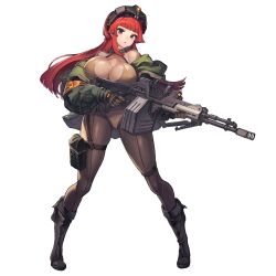 Rule 34 | 1girl, blunt bangs, bodysuit, boots, breasts, cleavage, cleavage cutout, clothing cutout, full body, game cg, gloves, goggles, goggles on head, gun, heavy machine gun, highres, jacket, large breasts, last origin, leprechaun (last origin), long hair, looking at viewer, machine gun, mole, mole under eye, official art, paintale, purple eyes, red hair, sidelocks, solo, tachi-e, transparent background, weapon, wide hips