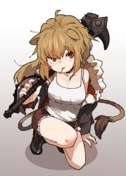 Rule 34 | 1girl, ahoge, amonitto, animal ears, arknights, black footwear, black jacket, breasts, brown eyes, brown hair, brown shorts, collar, collarbone, commentary, fur trim, gradient background, hammer, holding, holding hammer, holding weapon, jacket, kneeling, large breasts, lion ears, lion tail, long hair, looking at viewer, messy hair, mouth hold, off-shoulder jacket, off shoulder, on one knee, shadow, shorts, siege (arknights), simple background, solo, tail, tank top, weapon, white tank top