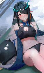 Rule 34 | 1girl, absurdres, ao oni (onioni-aoi), arknights, bikini, black bikini, black hair, blue sky, blush, breasts, cleavage, dragon horns, dusk (arknights), earrings, feet out of frame, food, food in mouth, green hair, hair over one eye, highres, horns, jacket, jewelry, large breasts, long hair, looking at viewer, mouth hold, multicolored hair, official art, one eye covered, open clothes, open jacket, outdoors, pointy ears, popsicle, red eyes, sidelocks, sitting, sky, solo, streaked hair, swimsuit, tassel, tassel earrings, white jacket