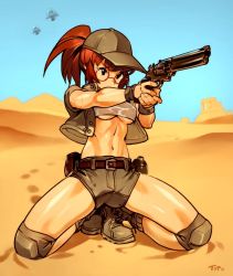 Rule 34 | 1girl, aiming, alien, artist name, baseball cap, belt, breasts, brown eyes, brown footwear, brown hair, brown hat, brown shirt, brown shorts, brown vest, commentary, desert, english commentary, finger on trigger, fio germi, flying saucer, full body, glasses, gun, handgun, hat, holding, holding gun, holding weapon, knee pads, kneeling, large breasts, legs, long hair, mars people, metal slug, midriff, navel, open clothes, open vest, optionaltypo, outdoors, ponytail, revolver, round eyewear, sand, shirt, shoes, short shorts, shorts, snk, solo, spacecraft, tank top, ufo, underboob, utility belt, vest, weapon, white tank top
