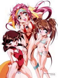 Rule 34 | 1990s (style), 3girls, alina (chip-chan kick!), arm behind back, barefoot, bikini, blue eyes, blush, bracelet, breasts, brown hair, chap (chip-chan kick!), chip, chip-chan kick!, copyright notice, flat chest, floating hair, gluteal fold, halterneck, hand on thigh, hand to own mouth, headband, highres, hirohiko yanagi, jewelry, large breasts, leaning forward, leg ribbon, long hair, looking at viewer, lowleg, lowleg bikini, multiple girls, navel, non-web source, nose blush, o-ring, o-ring swimsuit, official art, one-piece swimsuit, open mouth, pink hair, red eyes, red one-piece swimsuit, retro artstyle, ribbon, shiny skin, simple background, swimsuit, teeth, twintails, upper teeth only, white background
