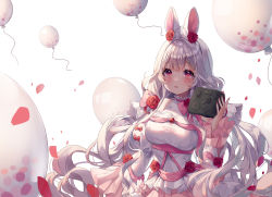Rule 34 | 1girl, :o, animal ears, bad id, bad pixiv id, balloon, blush, bow, breasts, commission, controller, detached sleeves, dress, flower, framed breasts, frilled dress, frilled sleeves, frills, hair between eyes, hair flower, hair ornament, highres, holding, large breasts, long hair, looking at viewer, low twintails, open mouth, original, petals, rabbit ears, red eyes, ribbon, rose, shiro albino, sleeveless, sleeveless dress, solo, tareme, tourbox, twintails, upper body, very long hair, wavy hair, white background, white hair