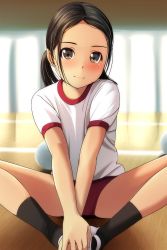 Rule 34 | 1girl, absurdres, backlighting, ball, black hair, black socks, blurry, blurry background, blush, brown eyes, buruma, closed mouth, commentary request, day, depth of field, forehead, gym shirt, gym uniform, hands on feet, highres, indoors, long hair, matsunaga kouyou, nose blush, on floor, original, parted bangs, red buruma, reflection, shirt, shoes, short sleeves, sitting, smile, socks, solo, sunlight, twintails, uwabaki, white footwear, white shirt, wooden floor