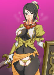Rule 34 | 1girl, absurdres, bead necklace, beads, black bodysuit, black hair, bodysuit, breast curtains, breasts, brown eyes, commentary request, covered mouth, covered navel, gloves, gozaru, hair bun, highres, holding, holding sword, holding weapon, jewelry, large breasts, long hair, looking at viewer, necklace, nipple cutout, nipples, open mouth, panties, pink background, puffy short sleeves, puffy sleeves, pussy cutout, pussy juice, sangoku musou 1, shield, shin sangoku musou, short hair, short sleeves, simple background, skin tight, skirt, solo, standing, steaming body, sword, underwear, veil, weapon, xing cai